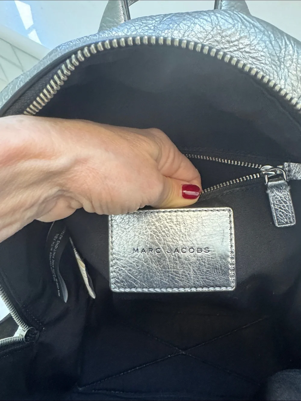 Marc Jacobs Silver Metallic Mini Backpack with Black Embellishment